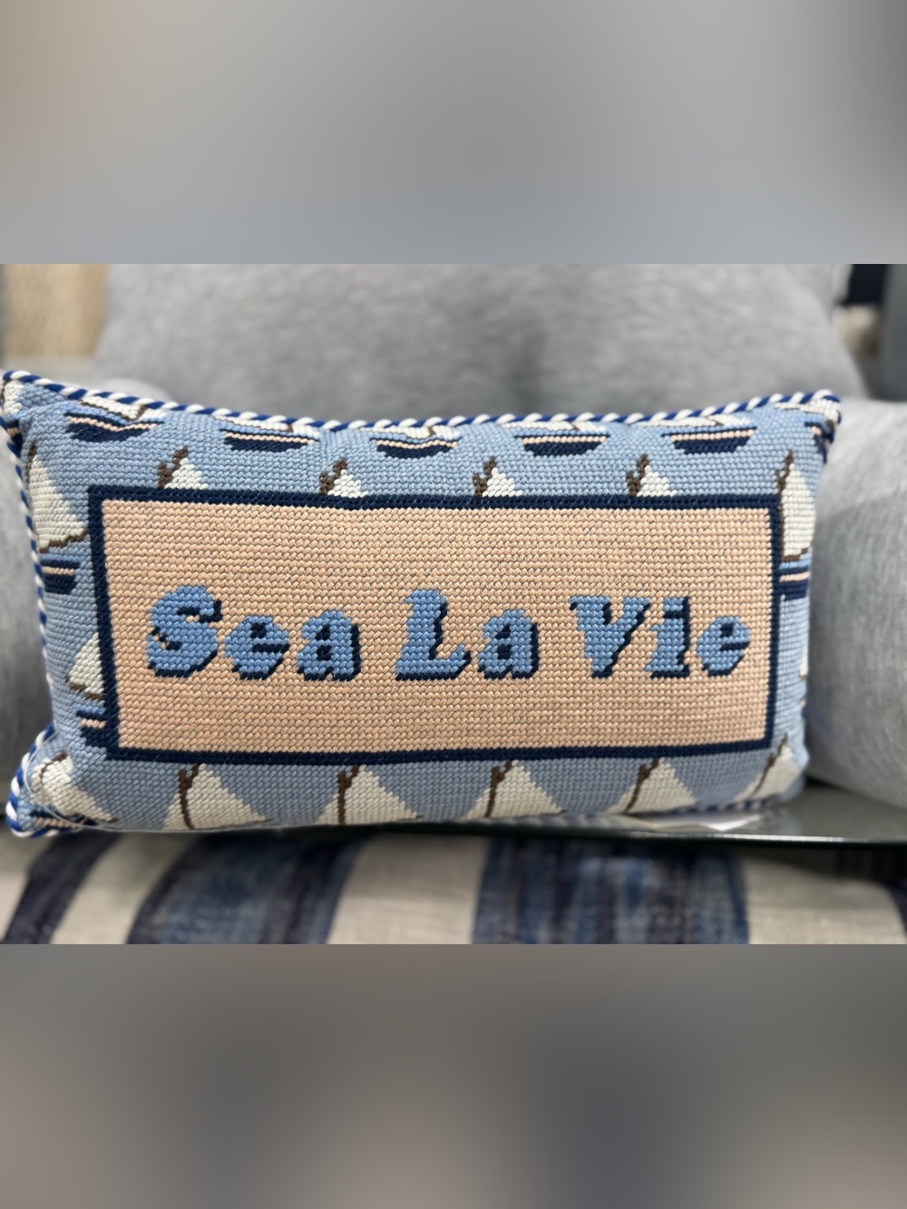 Sea La Vie Blue and Cream Nautical Needlepoint Pillow